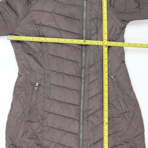Next Womens Grey Hooded Puffer Coat Size 10 Mid-Length Quilted Zip Jacket