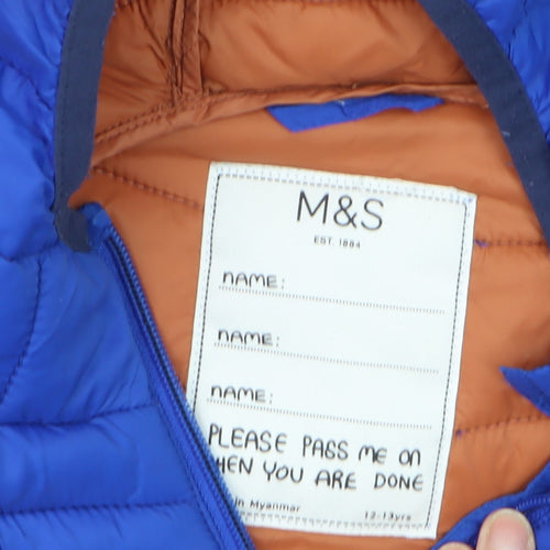 Marks and Spencer Boys Blue Hooded Puffer Jacket 12-13 Years Winter Casual