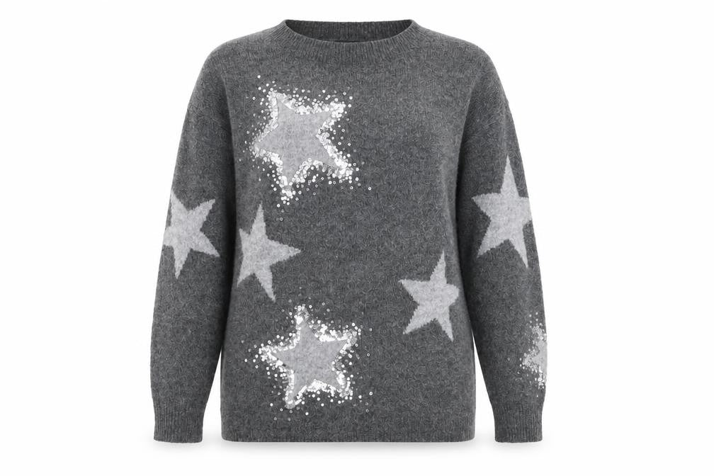 Front view of Next Women Grey Sequin Star Jumper, size S, Long Sleeve Knit