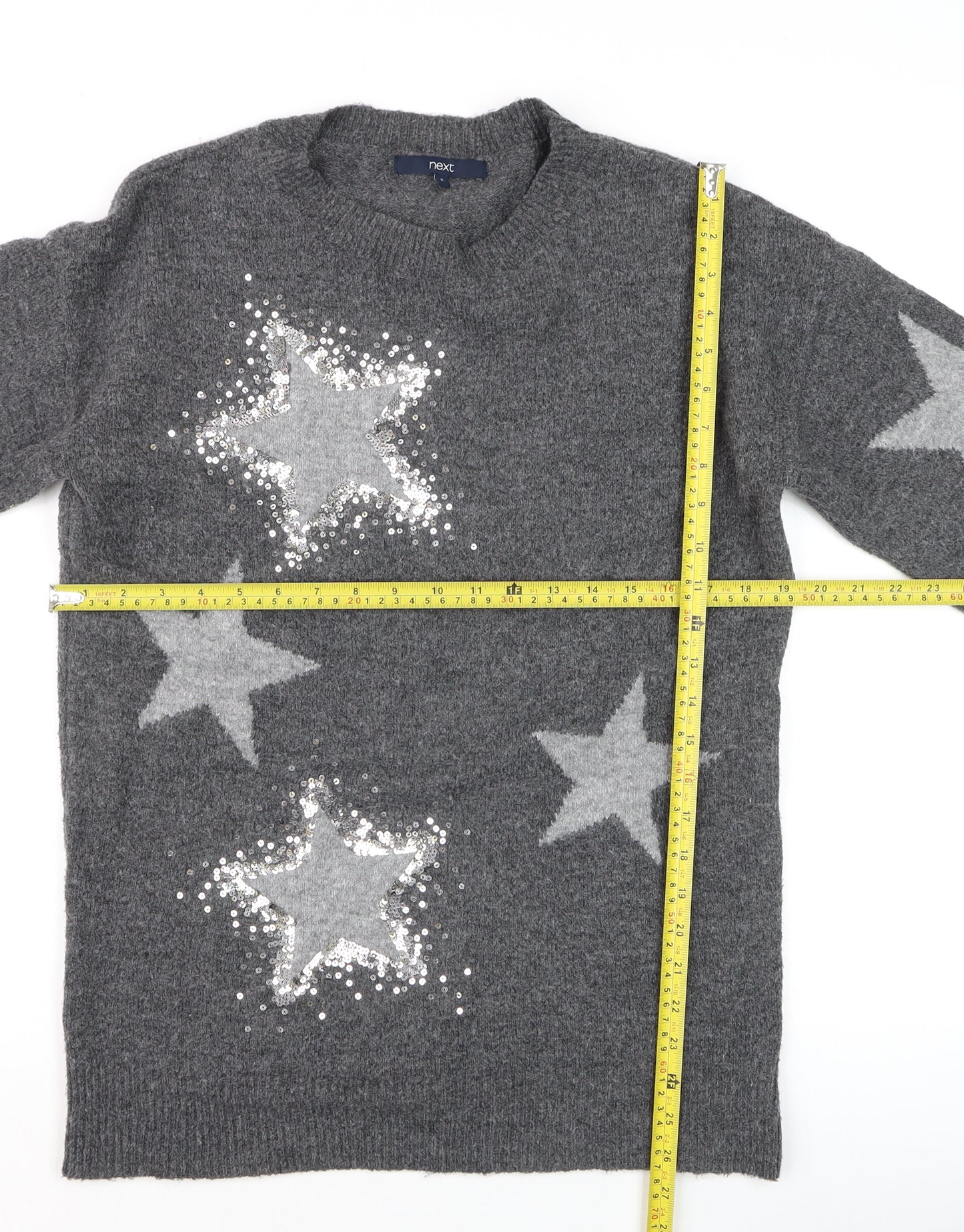 Next Women Grey Sequin Star Jumper Size S Long Sleeve Knit