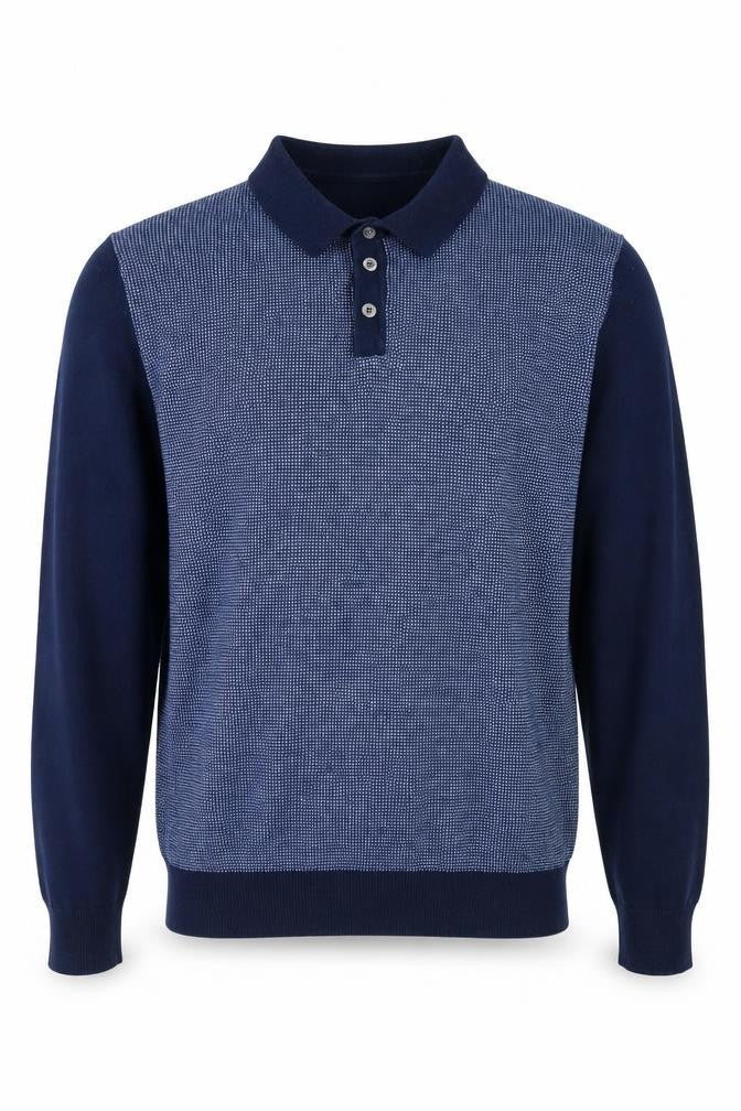 Front view of Easy Men’s Blue Collared Henley Knit Jumper, size S