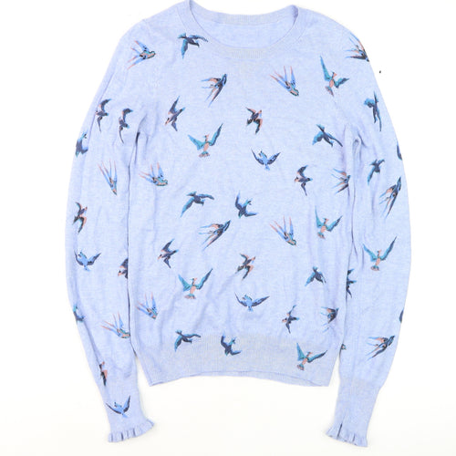 Oasis Women Blue Bird Print Cotton Blend Crew Neck Jumper Size 10