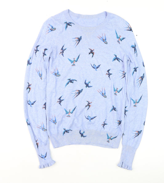 Oasis Women Blue Bird Print Cotton Blend Crew Neck Jumper Size 10