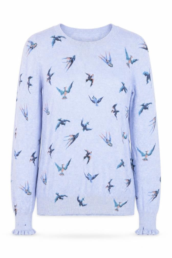 Oasis Women Blue Bird Print Cotton Blend Crew Neck Jumper Size 10