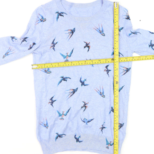 Oasis Women Blue Bird Print Cotton Blend Crew Neck Jumper Size 10
