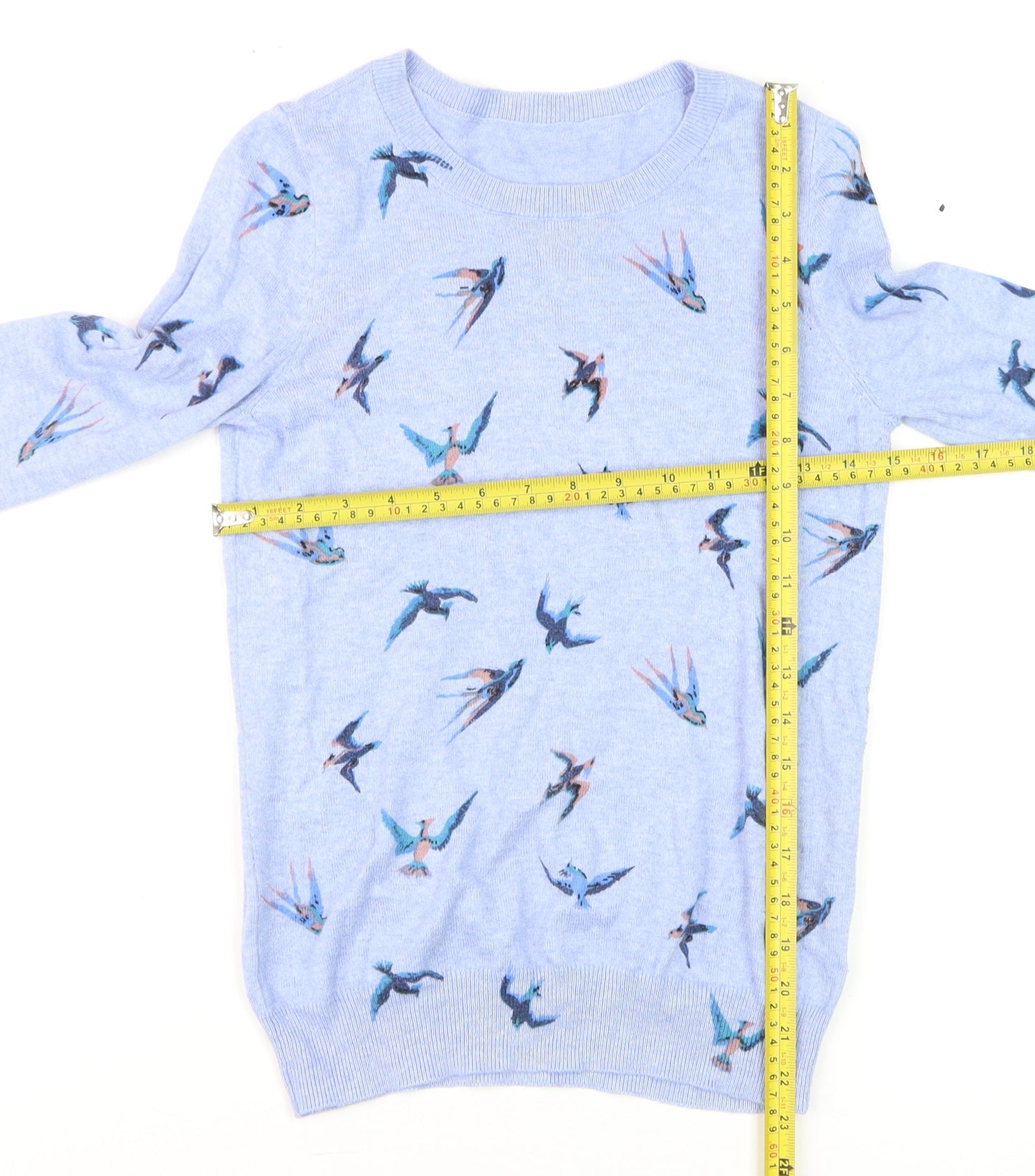 Oasis Women Blue Bird Print Cotton Blend Crew Neck Jumper Size 10
