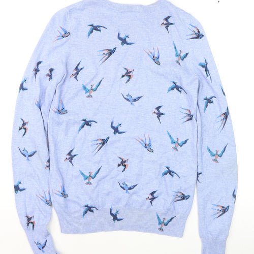 Oasis Women Blue Bird Print Cotton Blend Crew Neck Jumper Size 10
