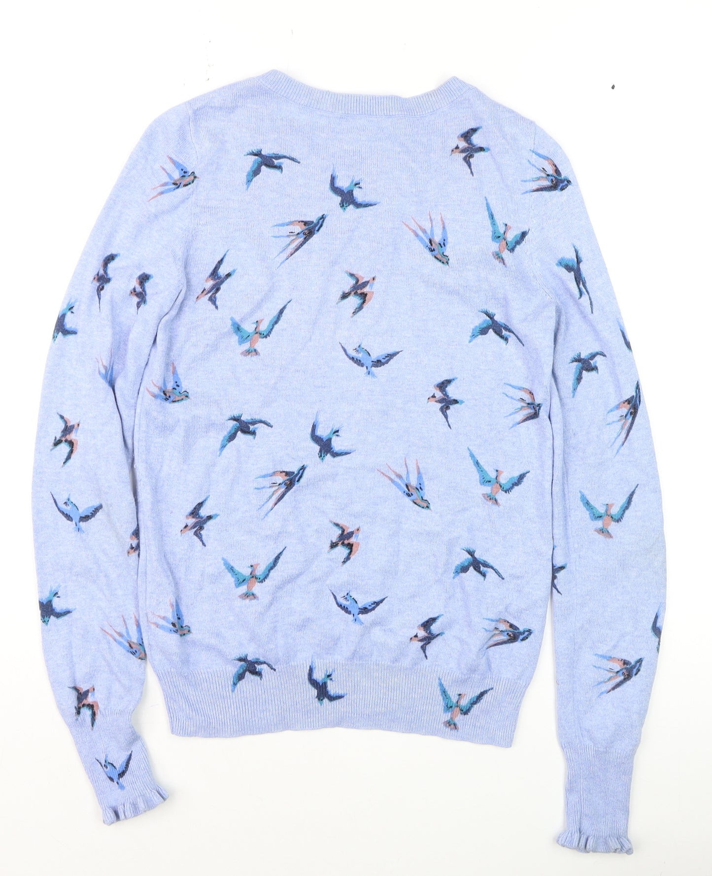 Oasis Women Blue Bird Print Cotton Blend Crew Neck Jumper Size 10