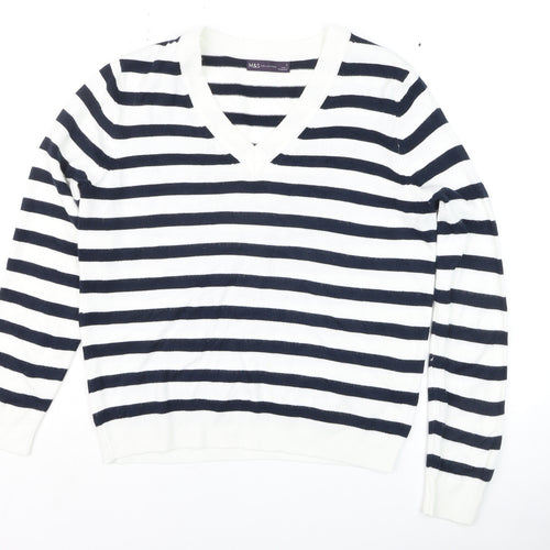 Marks and Spencer Women's Striped V-Neck Cotton Jumper Size S
