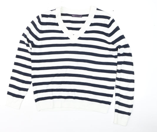 Marks and Spencer Women's Striped V-Neck Cotton Jumper Size S