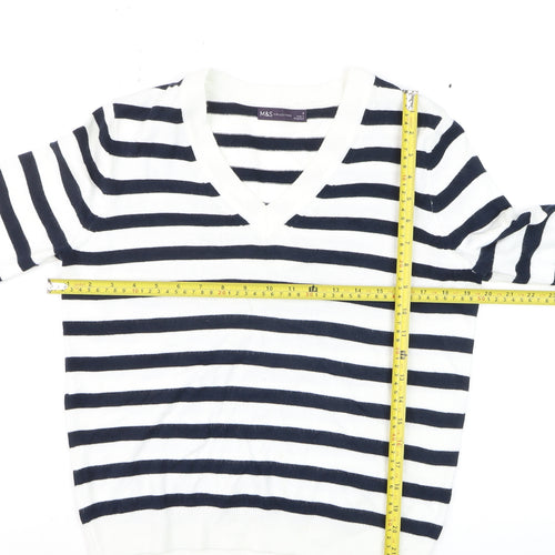 Marks and Spencer Women's Striped V-Neck Cotton Jumper Size S