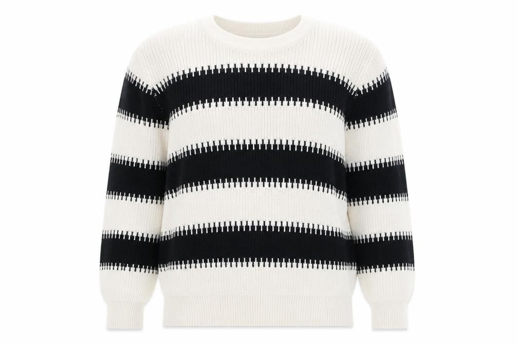 Front view of ICHI Women's Black & Beige Stripe Cotton Knit Jumper, size M