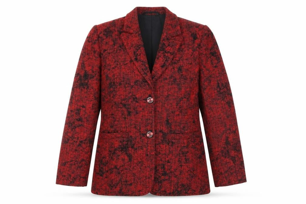 Front view of Wish Women Red Blazer, size 12, Classic Tweed Jacket