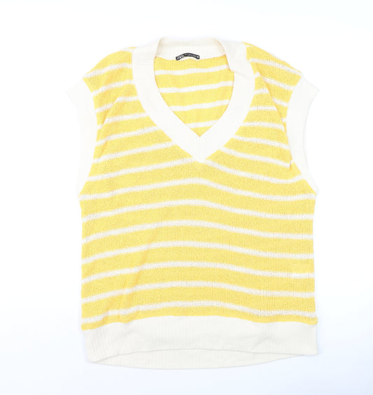 ZARA Women Yellow Striped V-Neck Knit Sleeveless Vest M