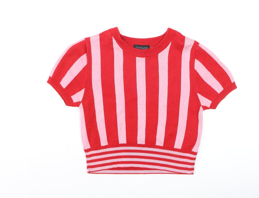 Topshop Women Red Pink Striped Short Sleeve Knit Jumper Size 10