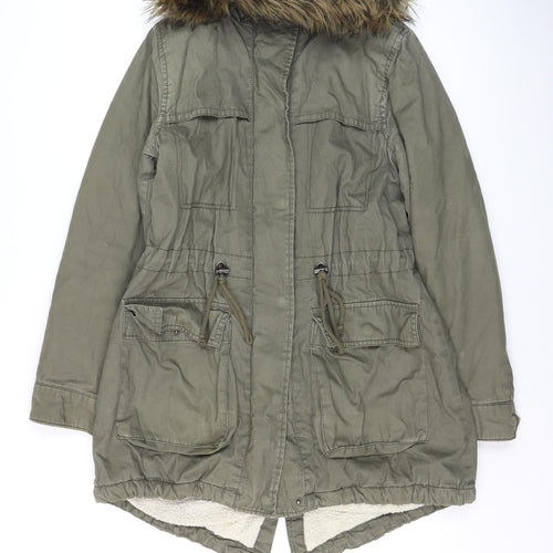Papaya Weekend Women's Green Fur Trim Hooded Parka Coat Size 8