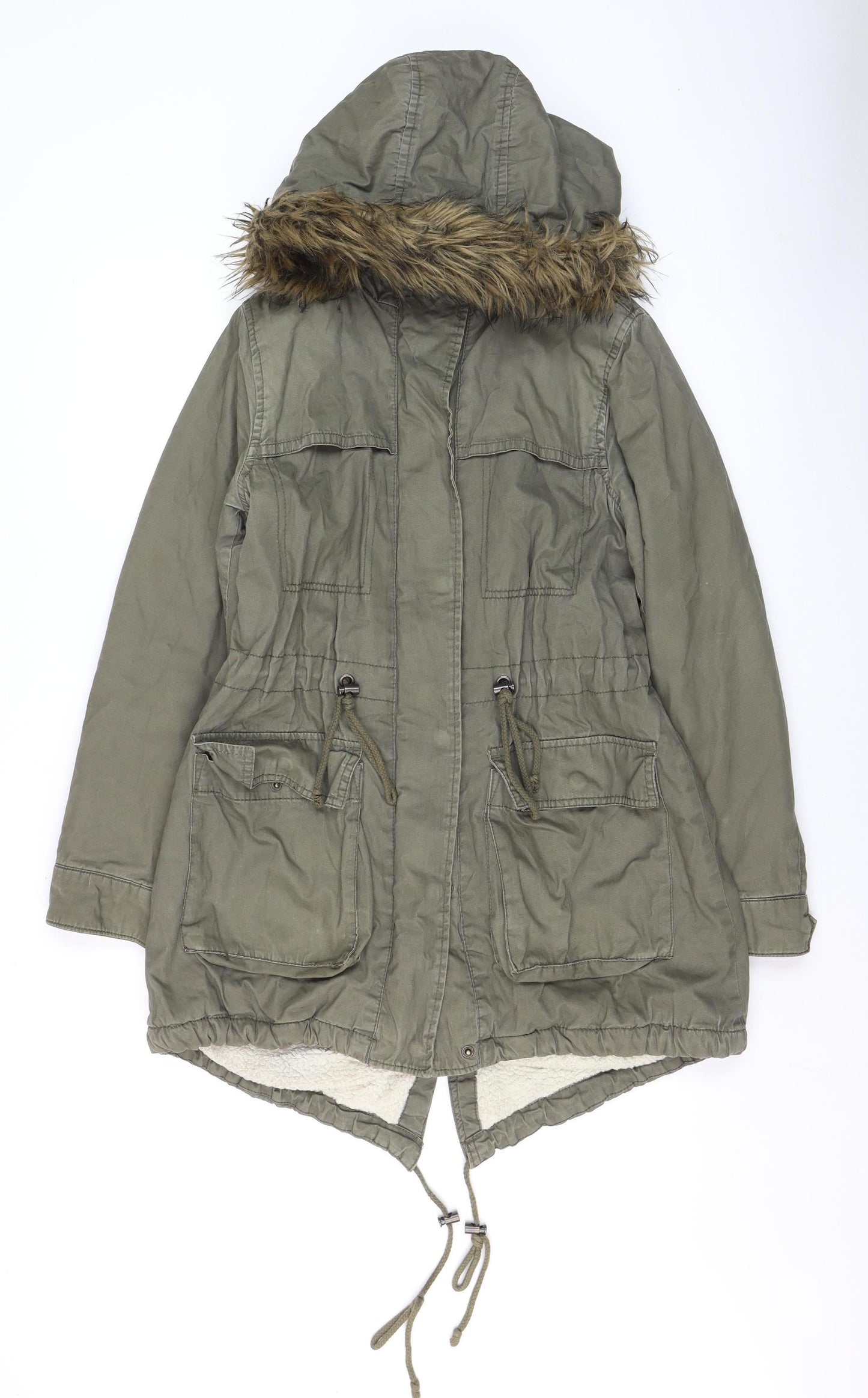 Papaya Weekend Women's Green Fur Trim Hooded Parka Coat Size 8