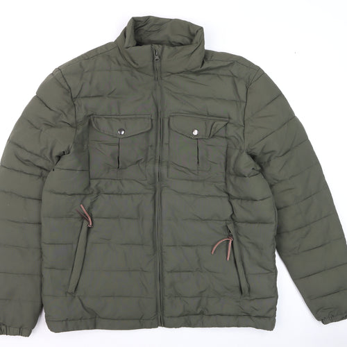 Avenue Mens Khaki Green Puffer Jacket Size M Full Zip Lightweight Warm
