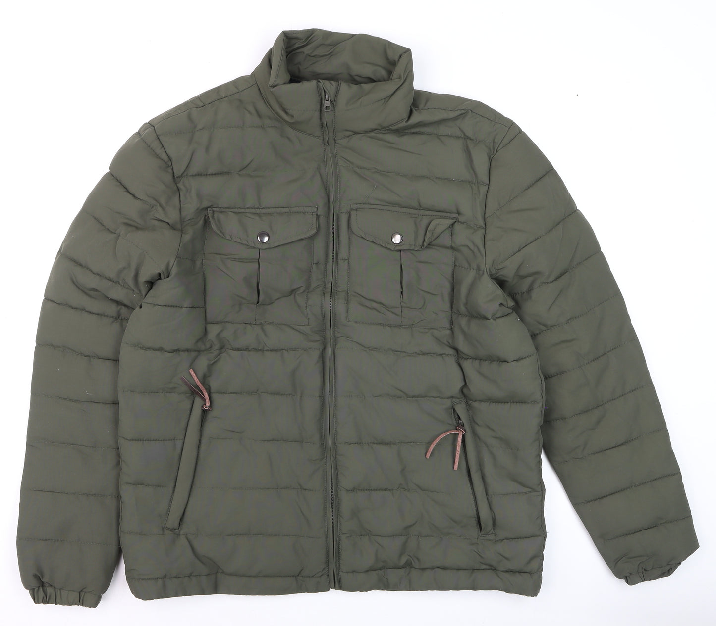 Avenue Mens Khaki Green Puffer Jacket Size M Full Zip Lightweight Warm