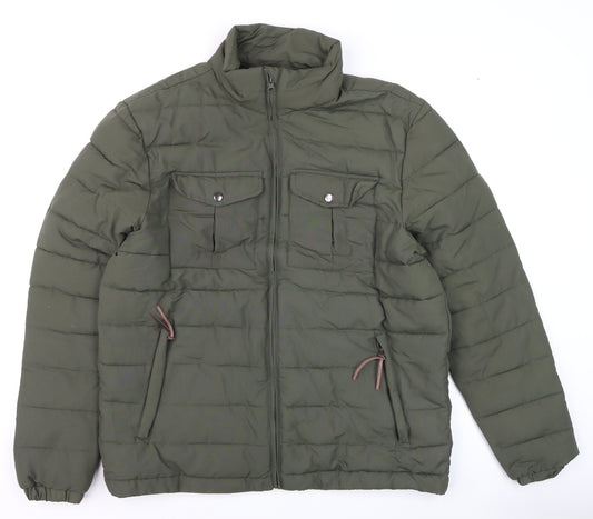 Avenue Mens Khaki Green Puffer Jacket Size M Full Zip Lightweight Warm