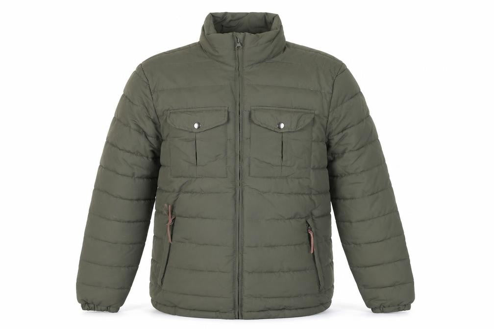 Front view of Avenue men’s khaki green puffer jacket, size M, full zip lightweight warm