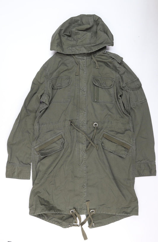 Oasis Women's Green Cotton Parka Coat Size 12 Hooded Longline