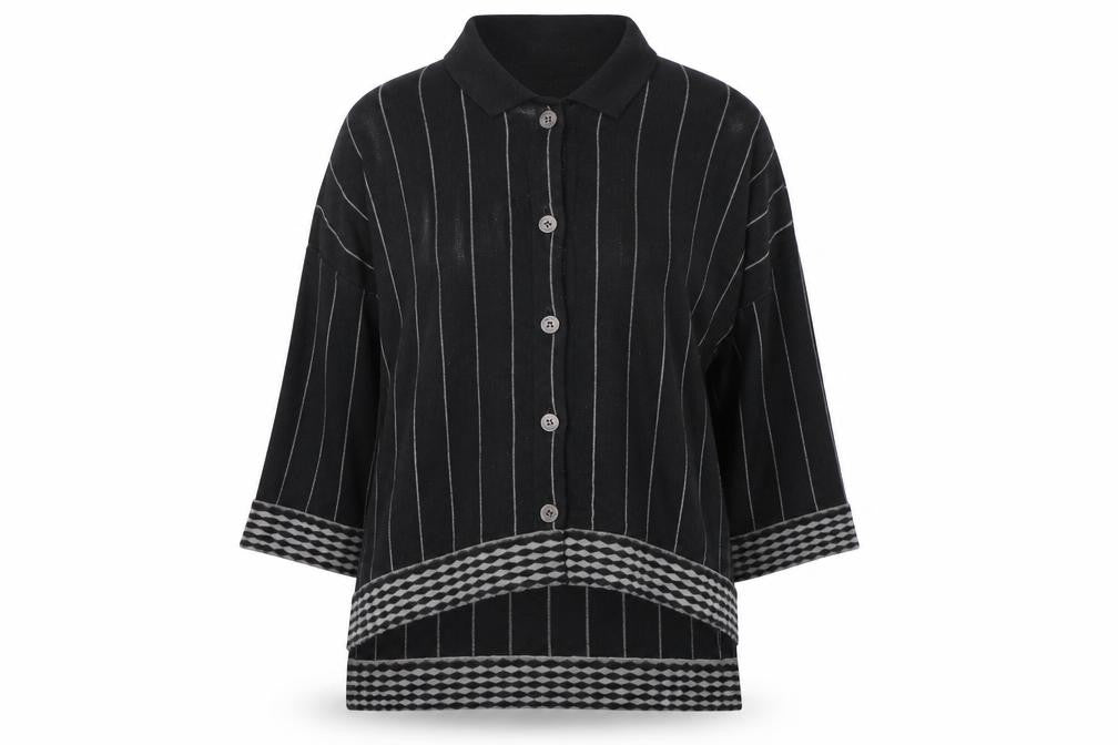 Front view of Wall Women’s Black Striped Alpaca Blend Collared Cardigan, size S