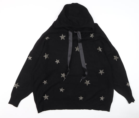 MOËWY Womens Black Beaded Star Hooded Pullover Jumper One Size