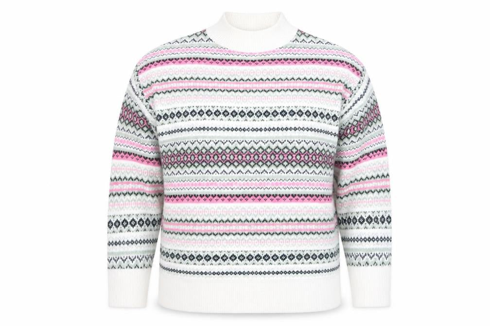 Front view of Isle women’s multicoloured fair isle knit high neck jumper, size S