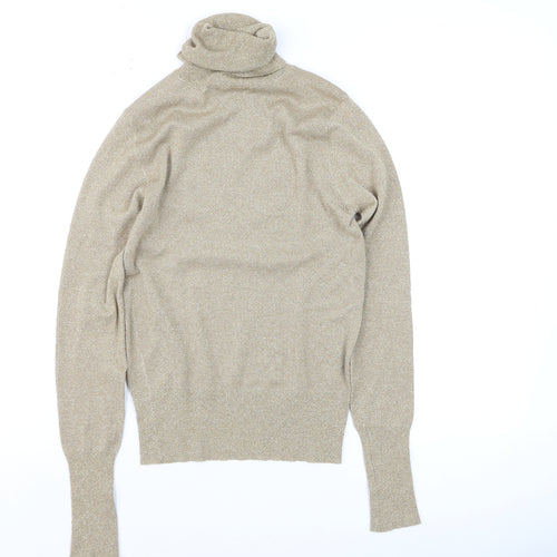 Zara Women Beige Glitter Roll Neck Knit Long Sleeve Top S
