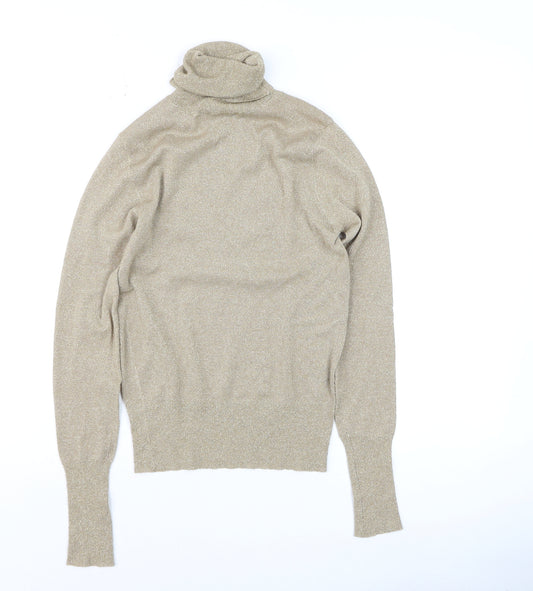 Zara Women Beige Glitter Roll Neck Knit Long Sleeve Top S