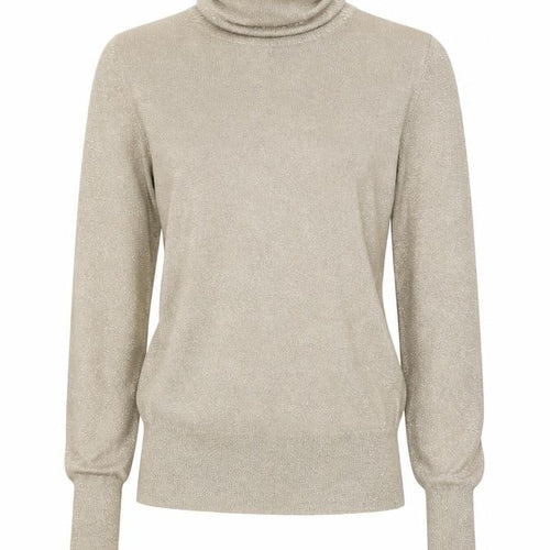Zara Women Beige Glitter Roll Neck Knit Long Sleeve Top S