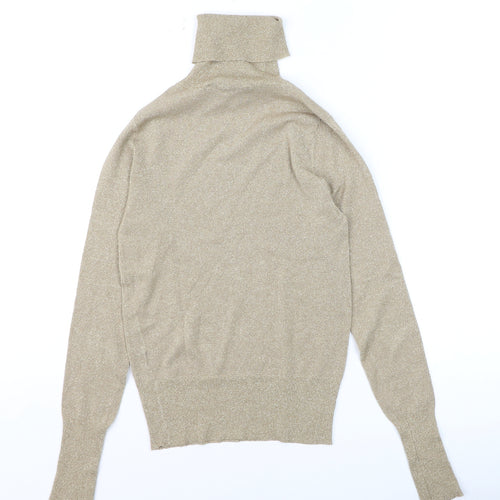 Zara Women Beige Glitter Roll Neck Knit Long Sleeve Top S