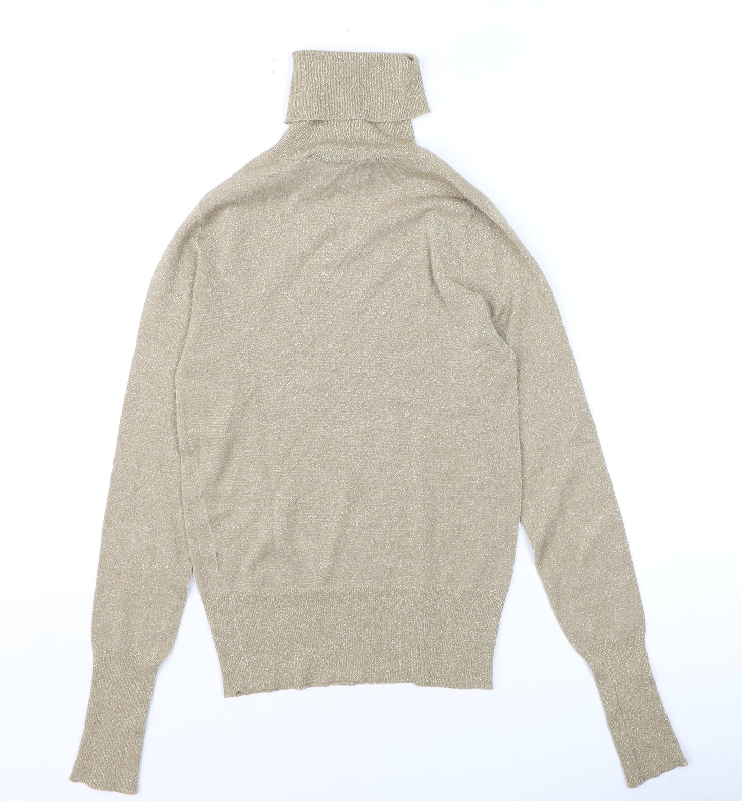 Zara Women Beige Glitter Roll Neck Knit Long Sleeve Top S
