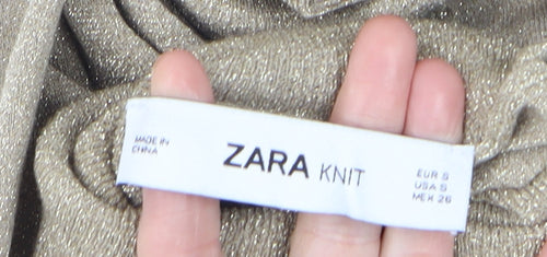 Zara Women Beige Glitter Roll Neck Knit Long Sleeve Top S
