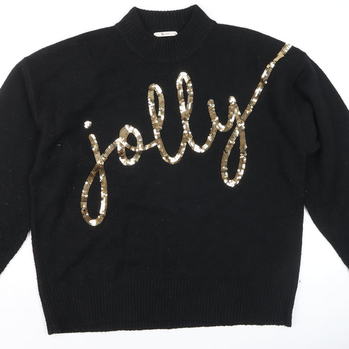 Tu Women Black Sequin 'Jolly' Christmas Jumper Size 14 High Neck