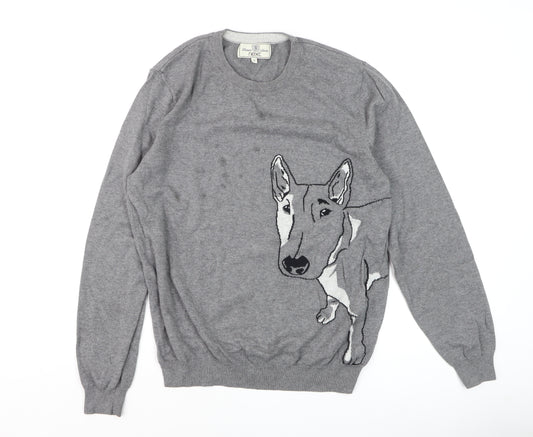 Next Men’s Grey Dog Graphic Cotton Crew Neck Jumper Size M