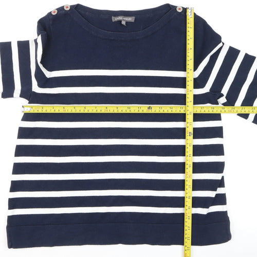 Laura Ashley Women Blue Striped Boat Neck 3/4 Sleeve Jumper Size 12