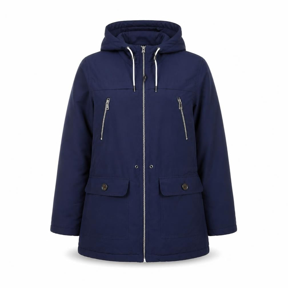 Front view of Papaya Women’s Blue Parka Jacket, size UK 16, Hooded Lined Zip Pockets