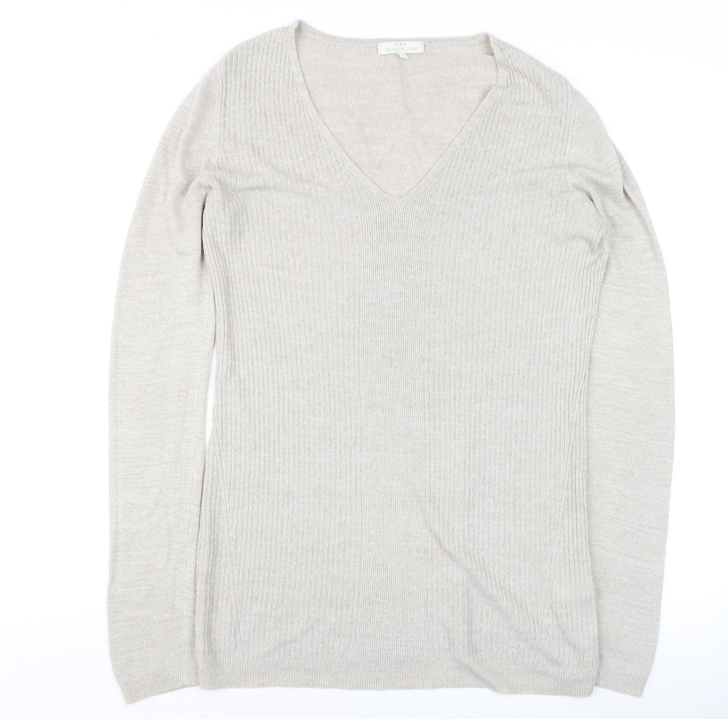 Delicate Love Womens Beige V-Neck Long Sleeve Pullover Jumper M