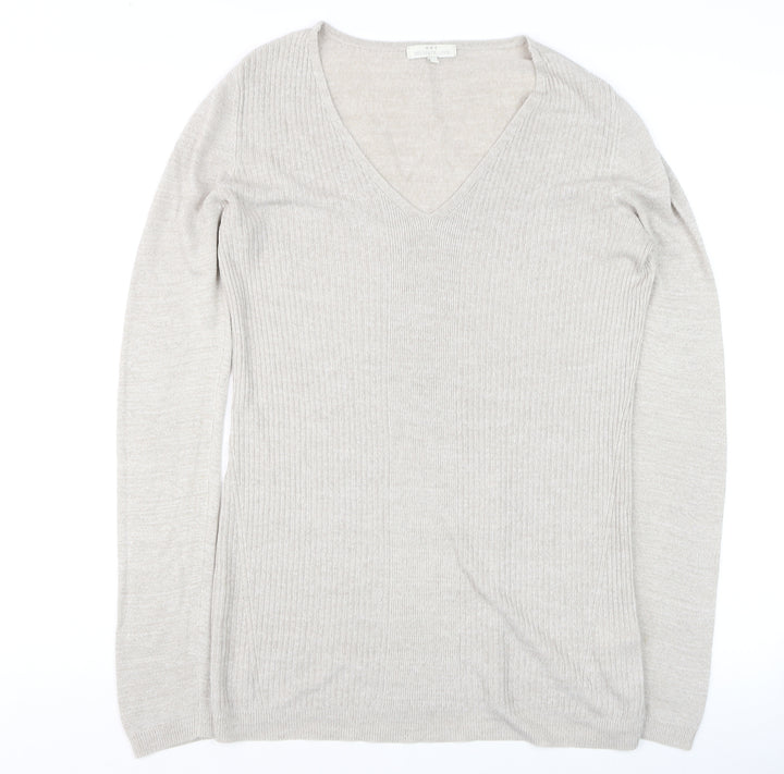 Delicate Love Womens Beige V-Neck Long Sleeve Pullover Jumper M
