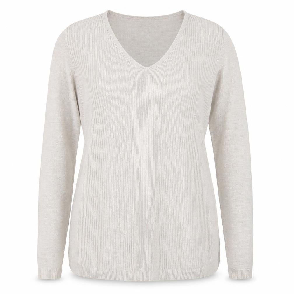 Front view of Delicate Love women’s beige v-neck long sleeve jumper m