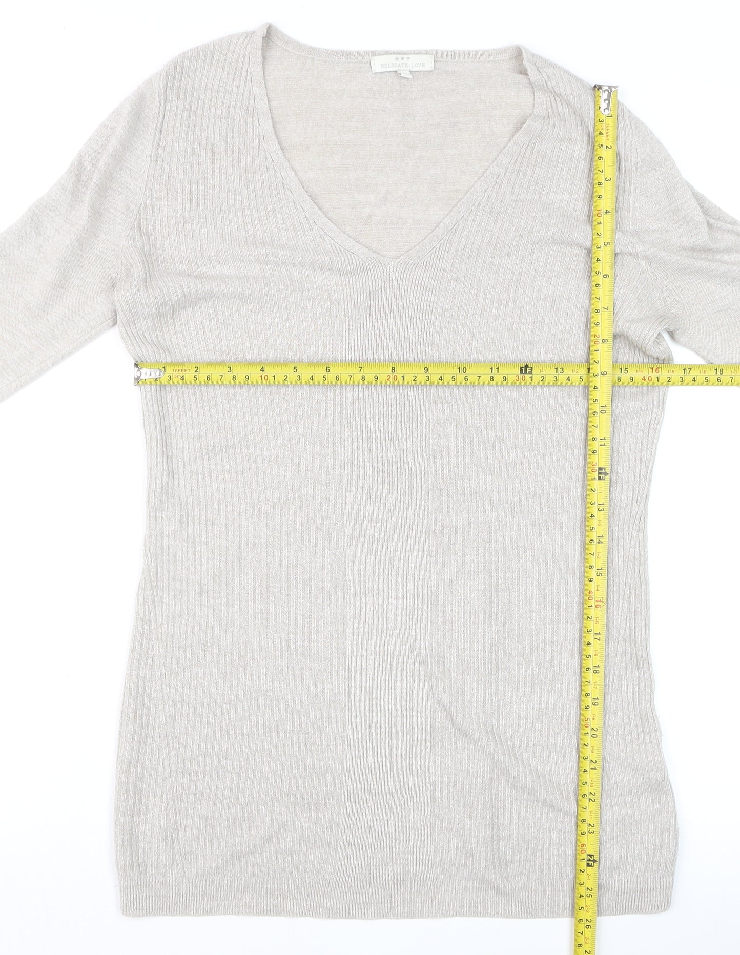 Delicate Love Womens Beige V-Neck Long Sleeve Pullover Jumper M