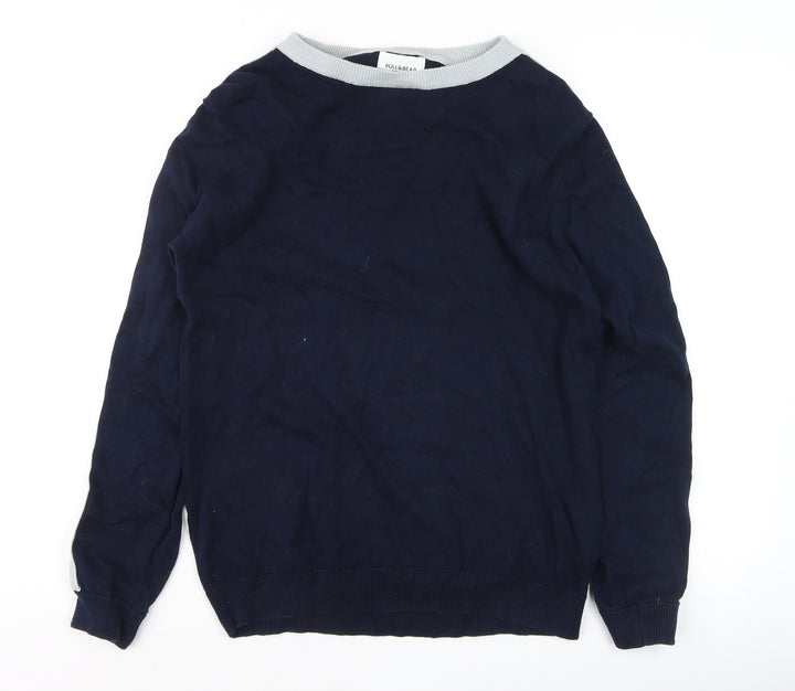 Pull&Bear Men's Blue Striped Crew Neck Jumper Size M