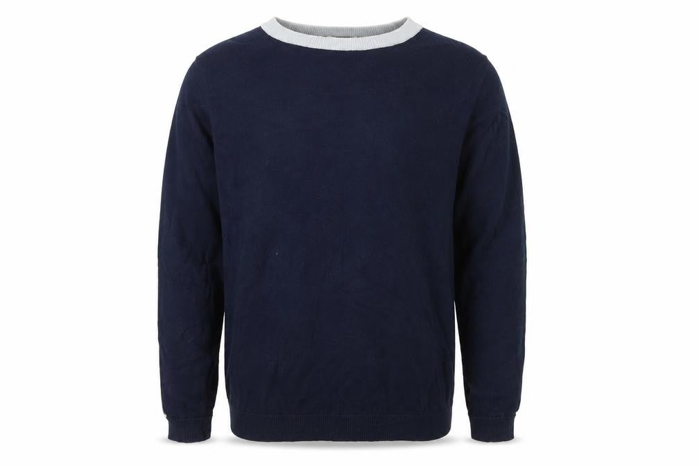 Front view of Pull&Bear Men's Blue Striped Crew Neck Jumper, size M