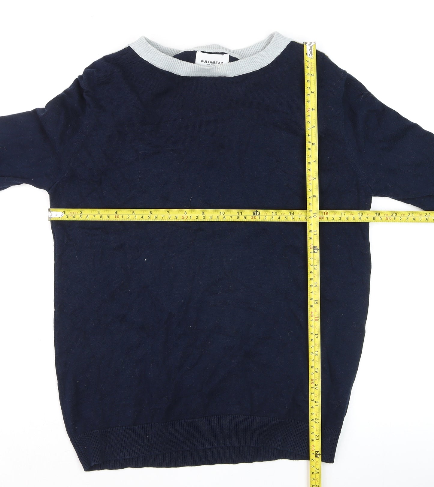 Pull&Bear Men's Blue Striped Crew Neck Jumper Size M