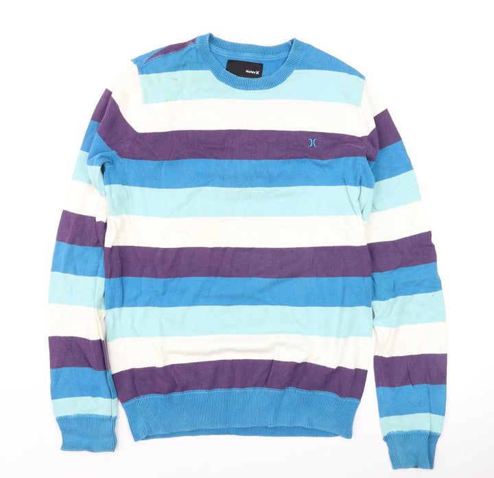 Hurley Men's Blue Striped Cotton Crew Neck Pullover Jumper Size S