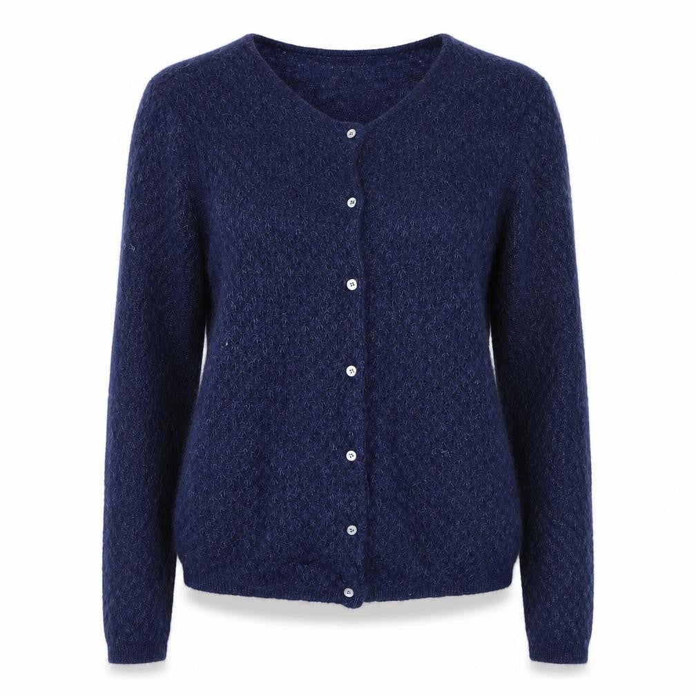 Front view of Somewhere Paris Women's Blue Wool Mohair Knit Cardigan, size 12