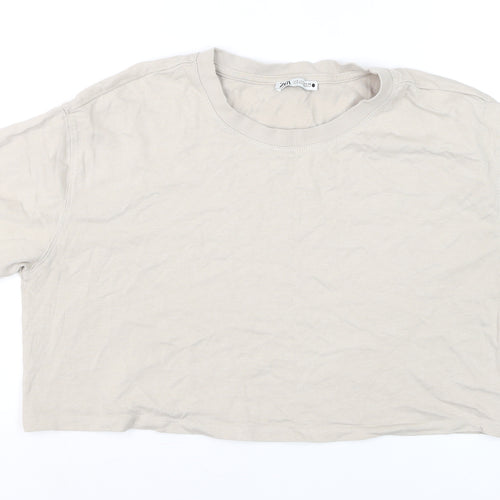 Zara Women Beige Cropped T-Shirt Short Sleeve Cotton M