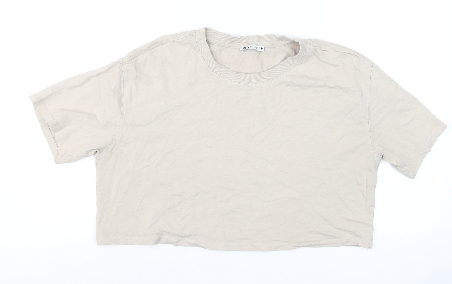 Zara Women Beige Cropped T-Shirt Short Sleeve Cotton M